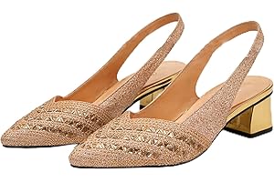 Women's Glitter Slingback Pumps, Sparkly Low Block Heel Party Shoes Pointed Toe Low Heels for Wedding Party Prom Dressy