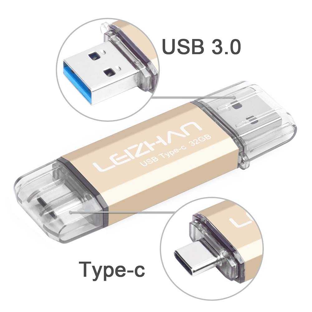 leizhan 32GB USB 3.0 Flash Drive Thumb Drives Jump Drive USB Memory Stick Type-C/USB-A 2 in 1 - Gold — image 1