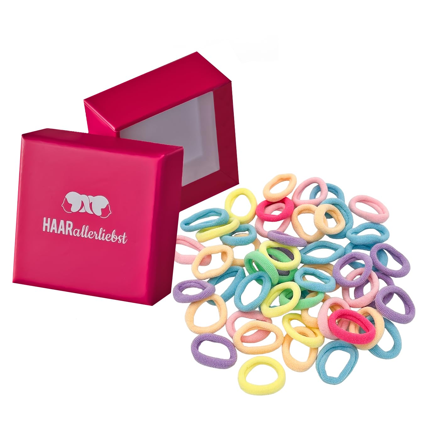 HAARallerliebst® Pack of 50 Colourful 20 mm Small Hair Bobbles for Girls – Mini Baby Scrunchies with Storage Box – Ideal Hair Scrunchie Hair Accessories for Children and Women – Elastic Soft