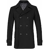 ThCreasa Mens Classic Double Breasted Pea Coat Wool Blend Quilted Lined Notched Collar Overcoat Trench Coat