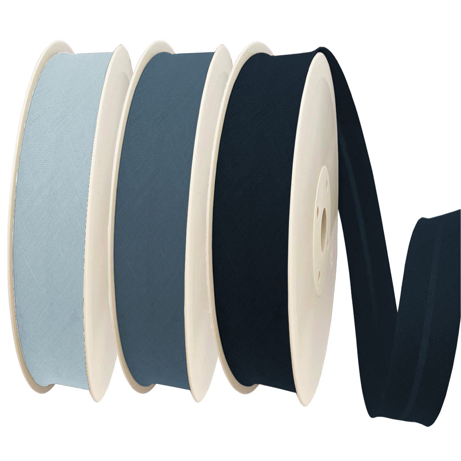 TEXTEX = 40mm Wide Bias Binding Tape. 50% Cotton and 50% Polyester. Pack of 3 Pieces of 10m Each - (Light Blue/Medium Blue/Navy Blue) — image 1