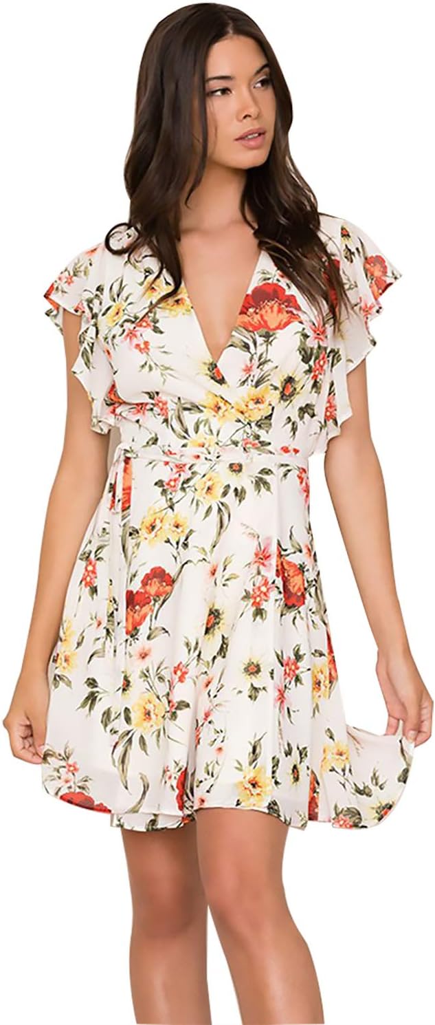 WANLING Women Summer Dress Casual Floral Wrap V Neck Knee Long Cocktail Pool Party Bohemian Sun Boho Dresses