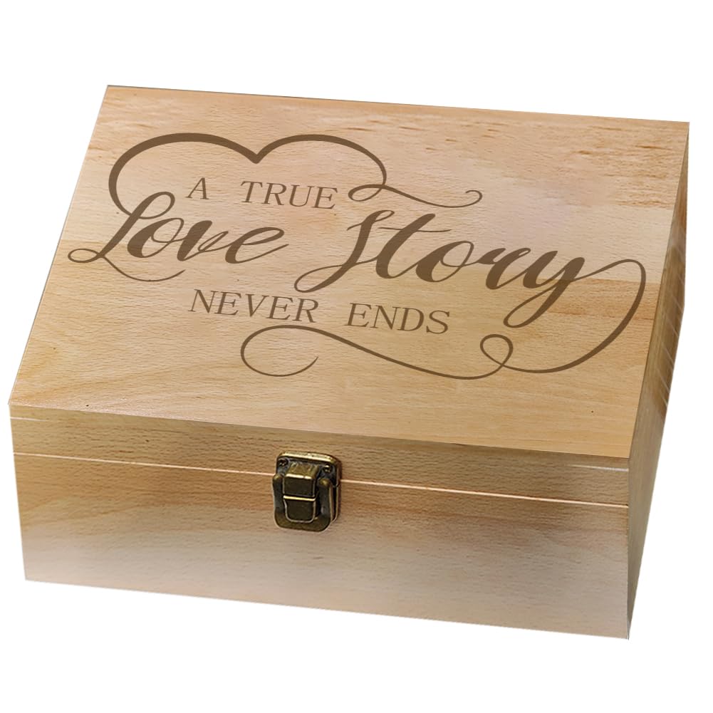 arricraft 1 Pc Wood Memory Keepsake Box, Love Story Never Ends Memory Box with Hinged Lids Love Theme Keepsake Chest for Wedding Anniversary Photo Letter Storage 24.5x19.5x10.3cm
