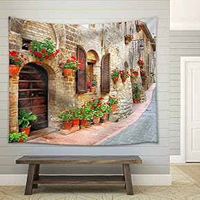 Picturesque Lane with Flowers in an Italian Hill Town - Fabric Wall Tapestry Home Decor - 51x60 inches
