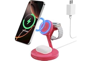 LYAOAO 2025 3 in 1 Charging Station for Apple iPhone AirPods Watch with Mag-Safe Charger Wireless Charger Stand for iPhone Air1716 15 14 13 12 Series AirPods iWatch Series - Gifts for Wife & Husband Rose Red