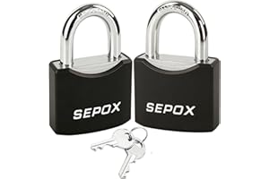 SEPOX® 2Pcs 1-9/16" All-Weather Outdoor Padlocks Keyed Alike, Cut-Proof Shackle, Solid Steel Lock, Heavy-Duty with Black Cover, Design for Gate Fence Cabinet Toolbox School Gym Locker with Same Key