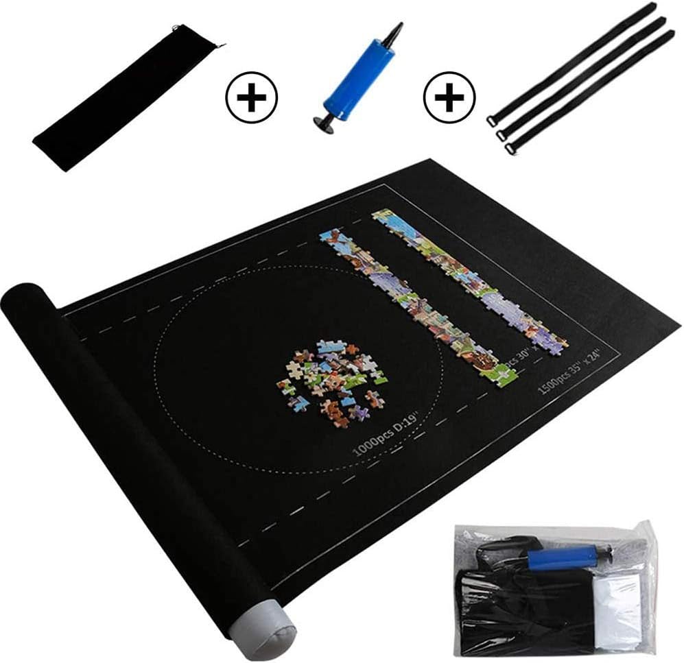 AIRGONE Jigsaw Puzzle Roll Storage Mat with Up to 2000 Puzzle Pieces with Inflatable Tube Pump Storage Bag for Family Kids and Adults (Black)