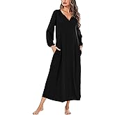 Marvmys Womens Cotton Long Sleeve Nightgown Long Sleepshirts Full Length Henley Sleep Dress with Pockets