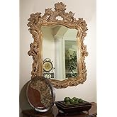 Howard Elliott Turner Large Ornate Mirror, Antique Gold Ornate Mirror Beveled Edges Rectangular Vanity Mirror with Baroque Sc