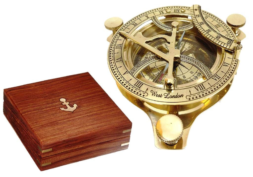 Solid Brass 4" Sundial Compass - with Wooden Box Rustic Vintage Home Decor Gifts