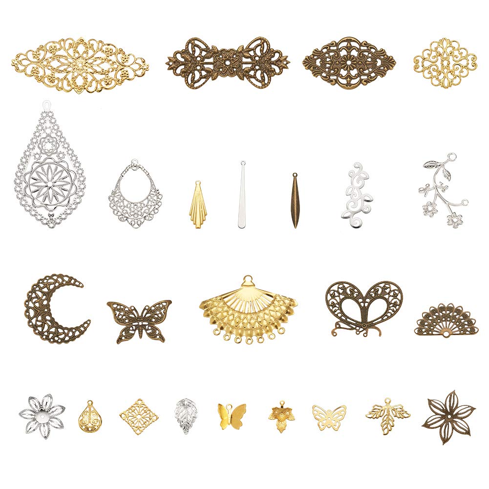 PandaHall 50pcs Iron Filigree Connectors with Brass Charms Pendants 3 Colors Filigree Metal Embellishments for DIY Hairpin Headwear Jewelry Making, Random Mixed