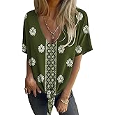 Women's Summer Tops Trendy V Neck Tie Front T-Shirt Casual Short Sleeve Loose Fit Top Blouses