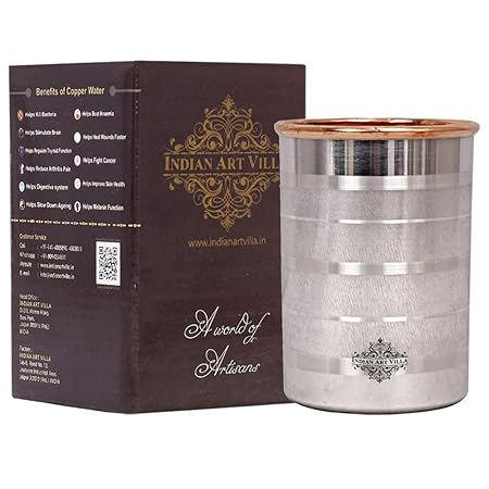 Indian Art Villa Copper and Silver Glass Tumbler, Drinkware and Serveware, 250 ML Each, Set of 2