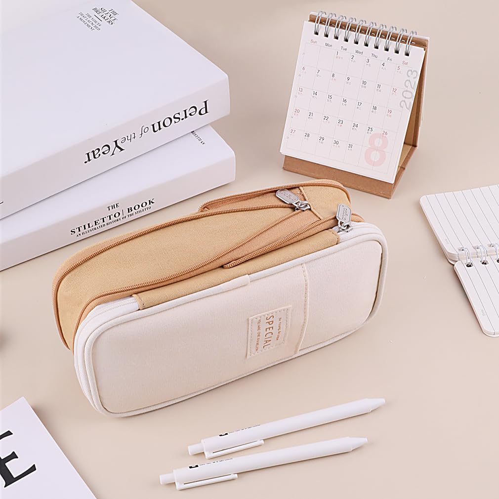 iSuperb Big Capacity Pencil Case Large Pencil Pouch Stationery Pen Bag for Teen Girls Boys, Back to School Supplies(Khaki+Beige)