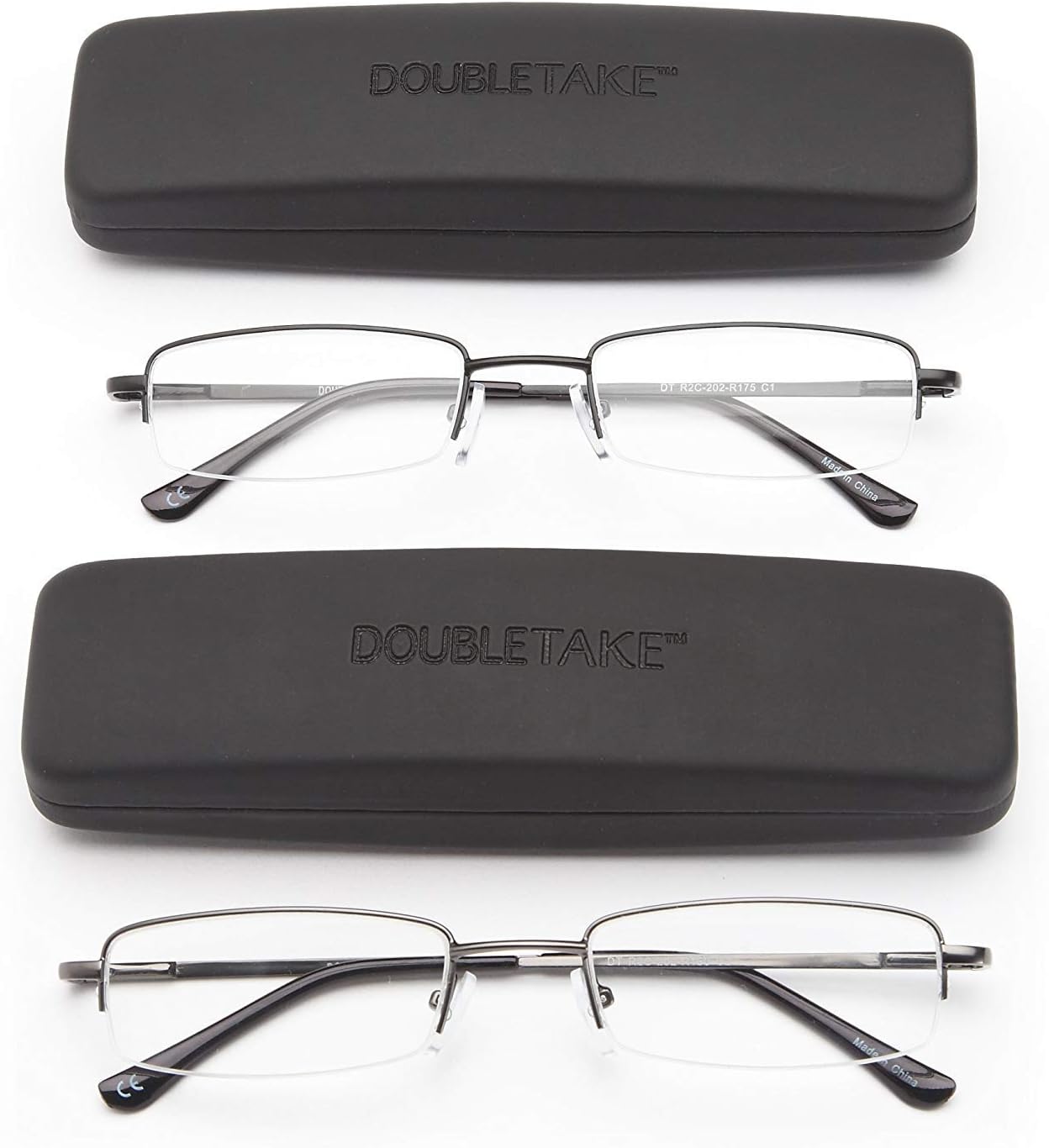 DOUBLETAKE Reading Glasses - 2 Pairs Compact Case Included Semi Rimless Readers
