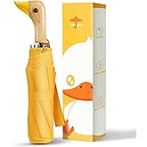 LEAGERA Compact Small Umbrellas for Rain&Sun, Cute Design Duck Head Umbrella for Girls Gifts, 8 Ribs Folding Umbrella with Wooden Handle