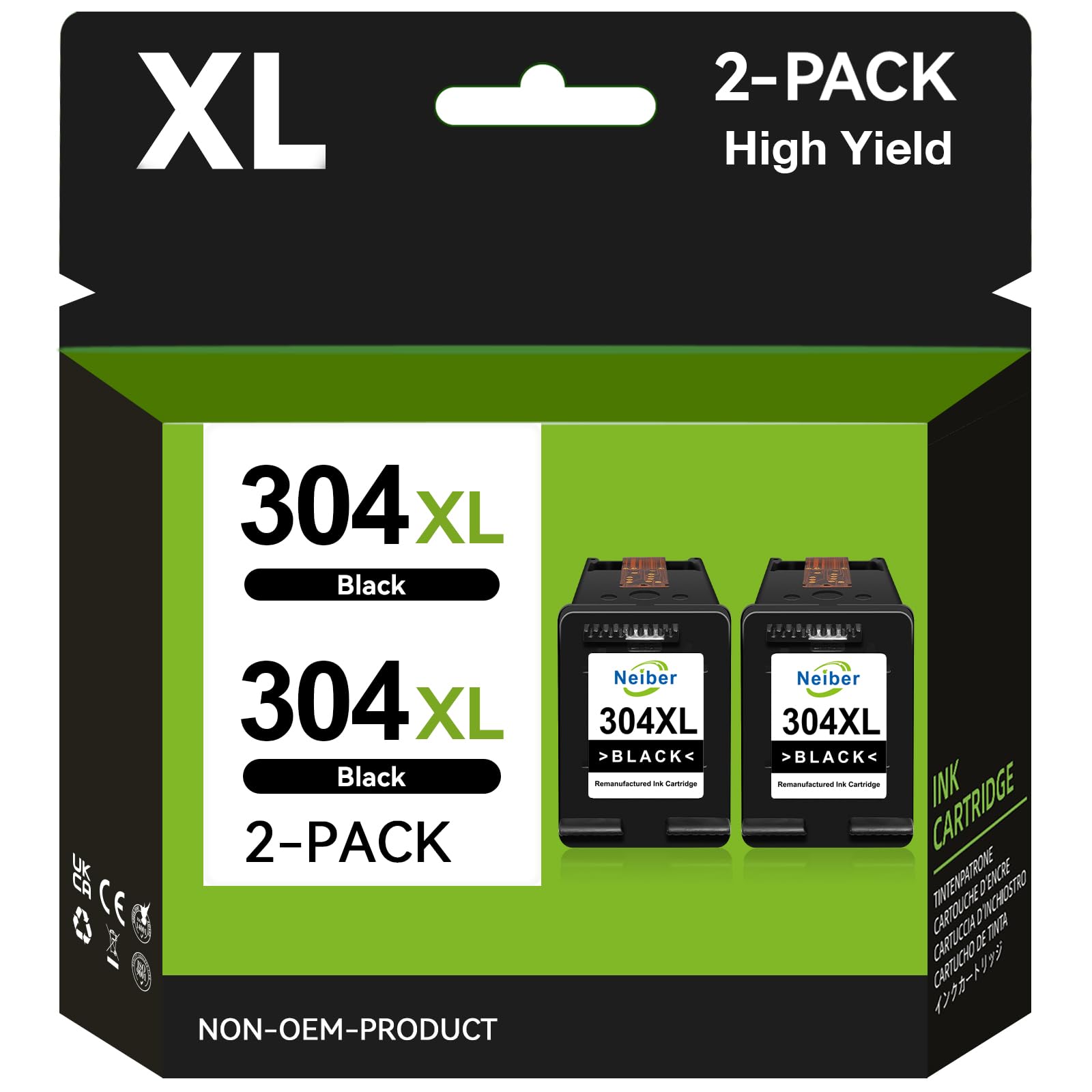 Neiber 304XL Ink Cartridge High Yield Remanufactured for HP 304 Black Ink, Compatible With Envy 5020 5010 5030 5032 5000 DeskJet 3720 2600 2633 2632 3760 3750 3762 2630 2620 2622, 2 Pack