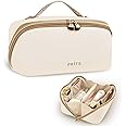 Prite Christmas Gifts Travel Cosmetic Bag Makeup Organizer Bag For Women Large Capacity Waterproof PU Leather Toiletry Bag with Handle and Clear Divider(Large Beige)