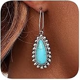 Vintage Turquoise Teardrop Earrings, Antique Silver Beaded Border, Long Hook Dangle, Boho Drop Earrings for Women