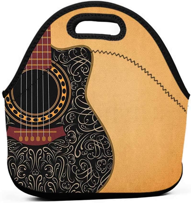 Amazon 取り外し可能なショルダーストラップギター アンティーク木製アコースティックギターイラスト 民族音楽フラメンコ レトロスタイル マルチカラー 仕事用かわいい女性用ランチバッグ 11 7 L X 11 7 H X 6 W Outdrart ランチバッグ ランチ巾着 ランチベルト