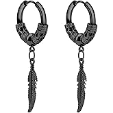 T-ztoss Stainless Steel Punk Drop Dangle Hinged Earrings Feather Gothic Mens Earring Black Huggie Hoop Earrings for Men and Women Wearing Jewelry