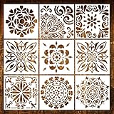 Mandala Painting Stencils Reusable Stencil Laser Cut Painting Template Floor Wall Tile Fabric Wood Furniture Stencils, Set of 9 (6x6 inch)