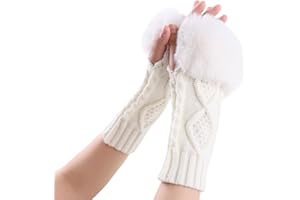 PESAAT Knit Arm Warmers Faux Fur Fingerless Gloves for Women Winter Wrist Warmers with Thumb Hole