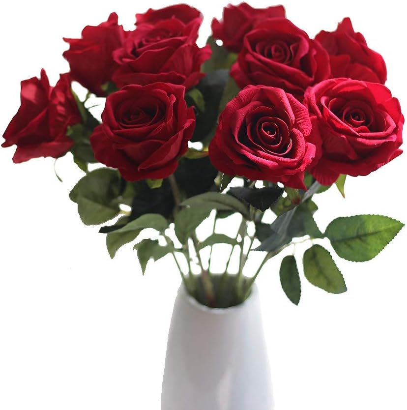 Artificial Flowers,Fake Flowers Bouquet Silk Roses Real Touch Bridal Wedding Bouquet for Home Garden Party Floral Decor 10 Pcs (Red)