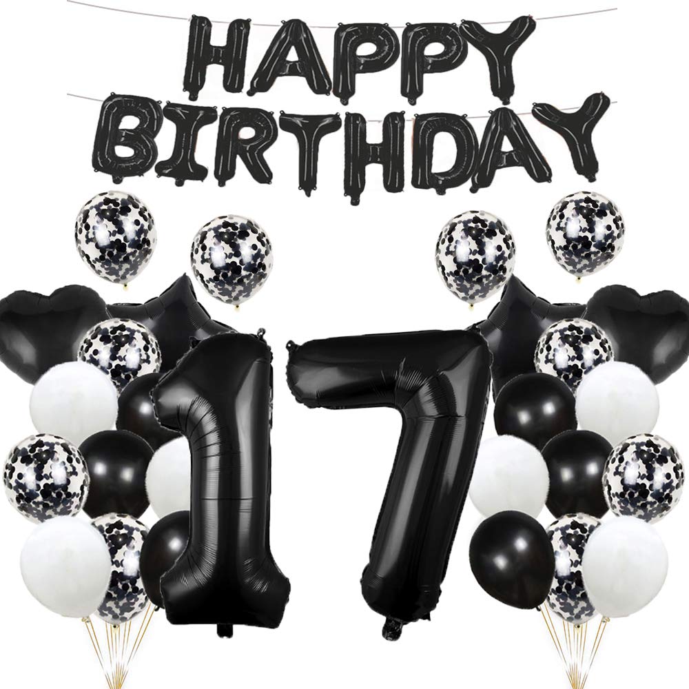 17th Birthday Balloon 17th Birthday Decorations Black 17 Balloons Happy 17th Birthday Party Supplies Number 17 Foil Mylar Balloons Latex Balloon Gifts for Girls,Boys,Women,Men