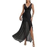 Curvphilo Deep V Neck Sleeveless Dress Mesh Ruffle Bodycon Maxi Dress for Women Double Lined Cocktail Party Dress