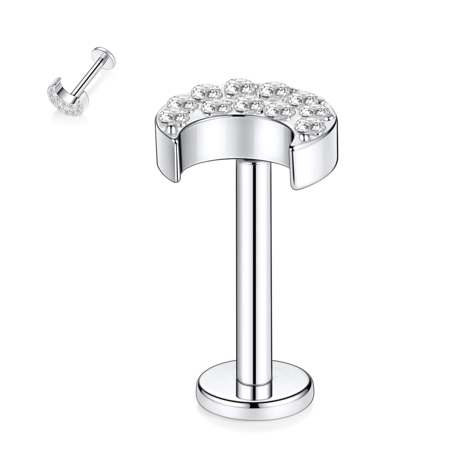 hengkaixuan 316L Moon Tragus Silver Surgical Steel Labret Stud Threadless Push-in Lip Stud Earring 6mm 16G Crystal Monroe Lip Helix Conch Cartilage Ear Piercing Body Jewelery