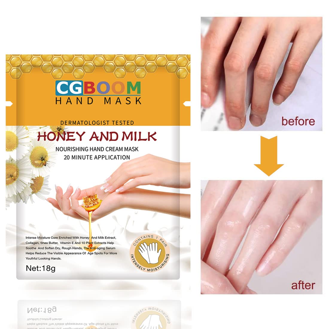 CGBOOM 5 Pairs Hand Masks Moisturizing Gloves, Hand Skin Repair Renew Mask Infused Collagen, Vitamins + Natural Plant Extracts for Dry, Aging, Cracked Hands (Honey and Milk)