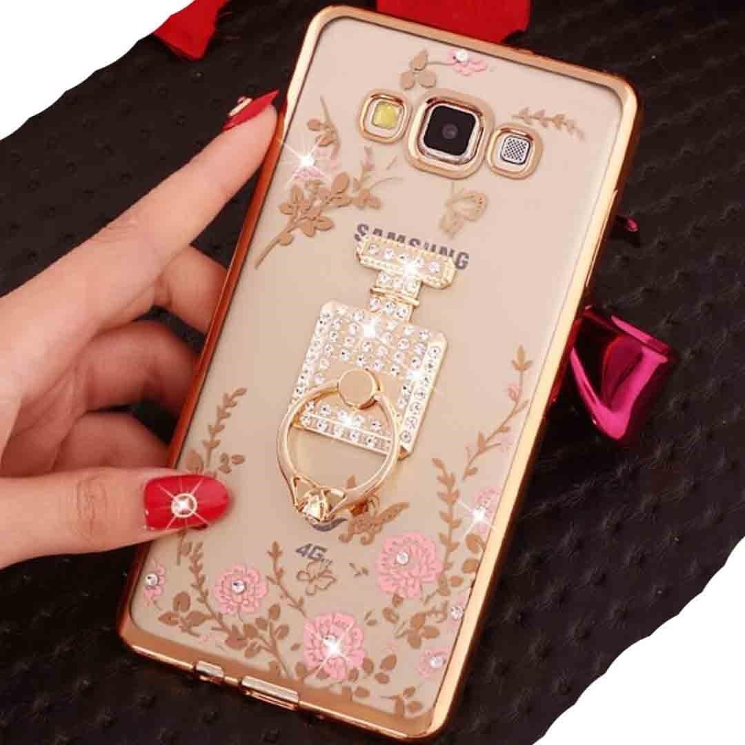 Huawei Y7 Prime/Nova Lite+/Honor7 Plus/Ascend XT2 Finger Ring Rotary Stand Case, Bling Diamonds Perfume Bottle Style Clear Blossoms Cover, WEIFA Soft Shiny Bumper Thin Slim Case For Huawei Y7 Gold