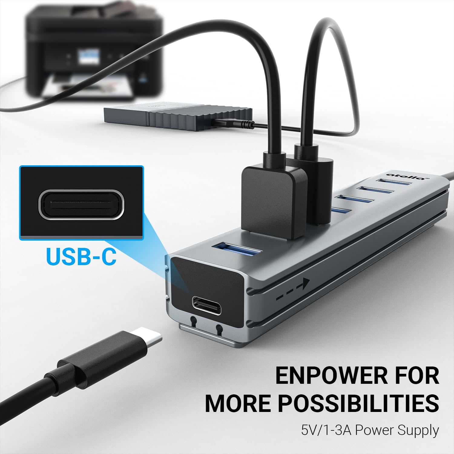8-Port USB 3.0 Hub mit Aluminium Tischmontage Design, USB Verteiler Adapter mit 100cm Lange Kabel, 5Gbps USB3.0 Datenanschluss, Typ-C Power Port für Desktop, PC, Laptop, Maus, U-Disk 4