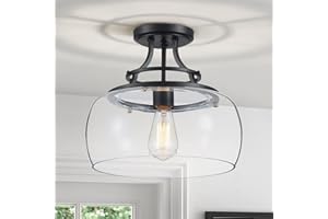 WUZUPS Chandelier Rustic Farmhouse Industrial Round Semi-flushmount Ceiling LED Light Fixture with Clear Glass Shades for Bathroom Kitchen Foyer Entryway, H 11.8" x W 13.4", E26 Base, Black