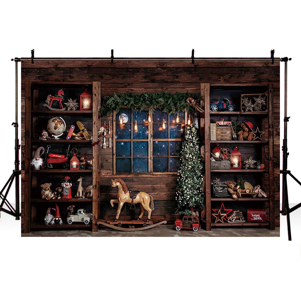 MEHOFOND 7x5ft Christmas Backdrop Winter Log Cabin Window Frame Toy Xmas Tree Santa Claus Christmas Backdrops For Photography Adult Child Family Portrait Party Decoration Banner Studio Supplies