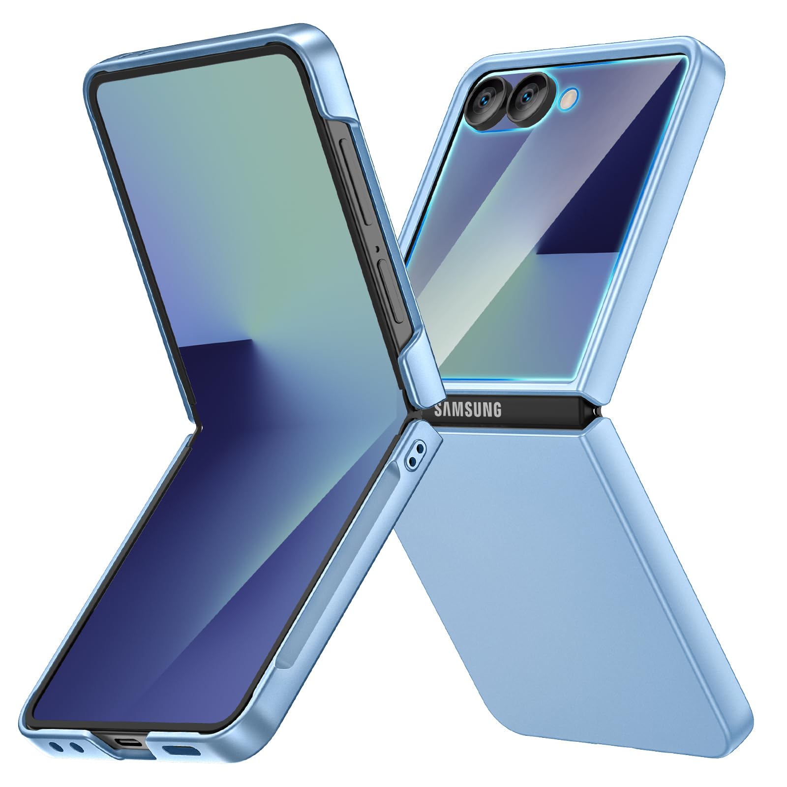 Photo 1 of Ruky for Samsung Z Flip 7 Slim Case, with Built-in Back Screen Protector & Support Wireless Charging Hard PC Ultra-Thin Full Body Protective Phone Cover for Galaxy Z Flip 7, Blue