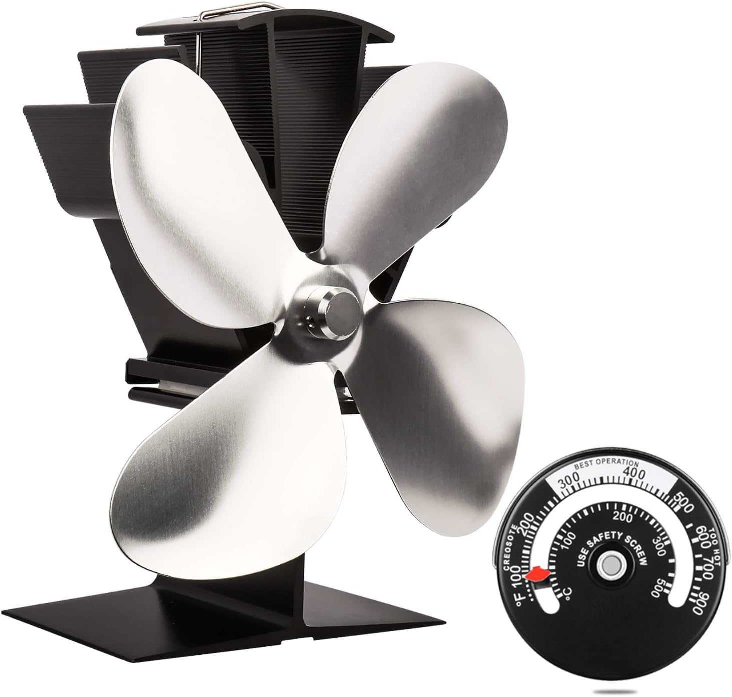 Heat Powered Stove Fan with Thermometer 4 Blade Heater Stove Fans Aluminium Silent Eco