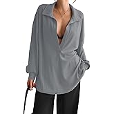 Fisoew Womens Oversized Deep V Neck Sweatshirts Casual Collared Long Sleeve Ribbed Knit Pullover Tops