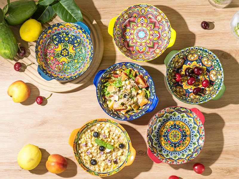 Henten Home Set of 6 Bowls with Handles, Salad Plates, Bohemian Style Bowls, 520 ml, Ceramic Pasta Plates for Pasta, Soups, Salads, Fruits