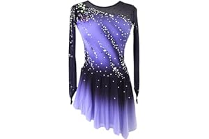 JoyCan Girl's Long Sleeved Purple Gradient Figure Skating Dress Elegant Figure Skating Skirt for Performance and Practice