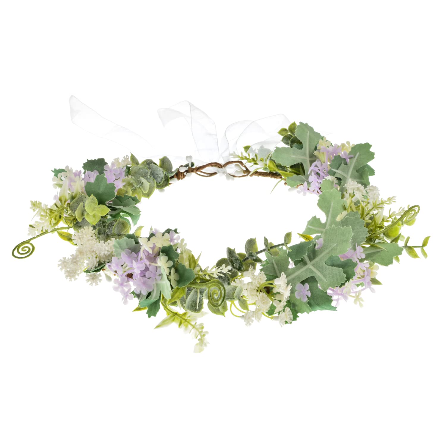 Adjustable Flower Crown Headband Flower Garland Hair Band Flower Halo Greenery Crown Floral Headpiece with Ribbon for Women Girls