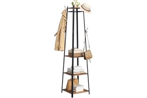 VASAGLE Coat Rack, Coat Stand with 3 Shelves, Hall Tree Free Standing with Hooks for Scarves, Bags, Umbrellas, Steel Frame, I