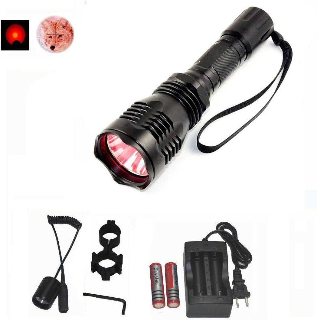 Skysted HS-802 Cree Red LED 350 Lumens Waterproof 250 Yard LED Tactical Hunting Flashlight kit Coyote Hog Torch [Rat Tail + Scope Ring Mount +Rechargeable 18650 Battery + Charger](Red)