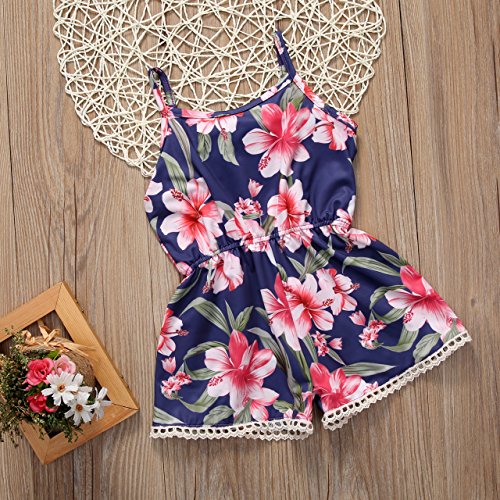 Canis Newborn Baby Girls Floral Ruffle Lace Sling Short Romper Sleeveless Bodysuit (18-24M, Dark Blue)