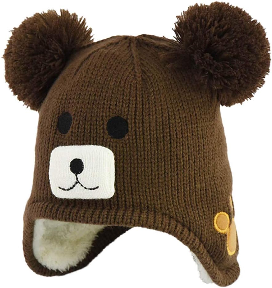 Baby Beanie Earflaps Hat - Infant Toddler Girls Boys Soft Warm Knit PomPom Hat Kids Winter Cap with Fleece Lining