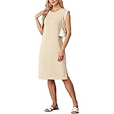 GRECERELLE 2026 Women Summer Round Neck Casual Loose Split Wrinkle-Free Midi Dress with Pockets (XS-3XL)