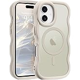 Pepmune for iPhone 16 Case, Curly Wavy Frame Hard Translucent Matte Clear Back Cover for Women Men Compatible with Magsafe TPU Bumper Shockproof Drop Protection Phone Case for iPhone 16, Stone