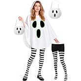 Wuclad Ghost Costume Women Glow in Dark,Halloween Costumes for Women Adult | 3 PCS Ghost Costume Women,Glow in Dark Hooded Ghost Poncho/Black White Stripe Tights/Bag,Easy Halloween Costumes for Women