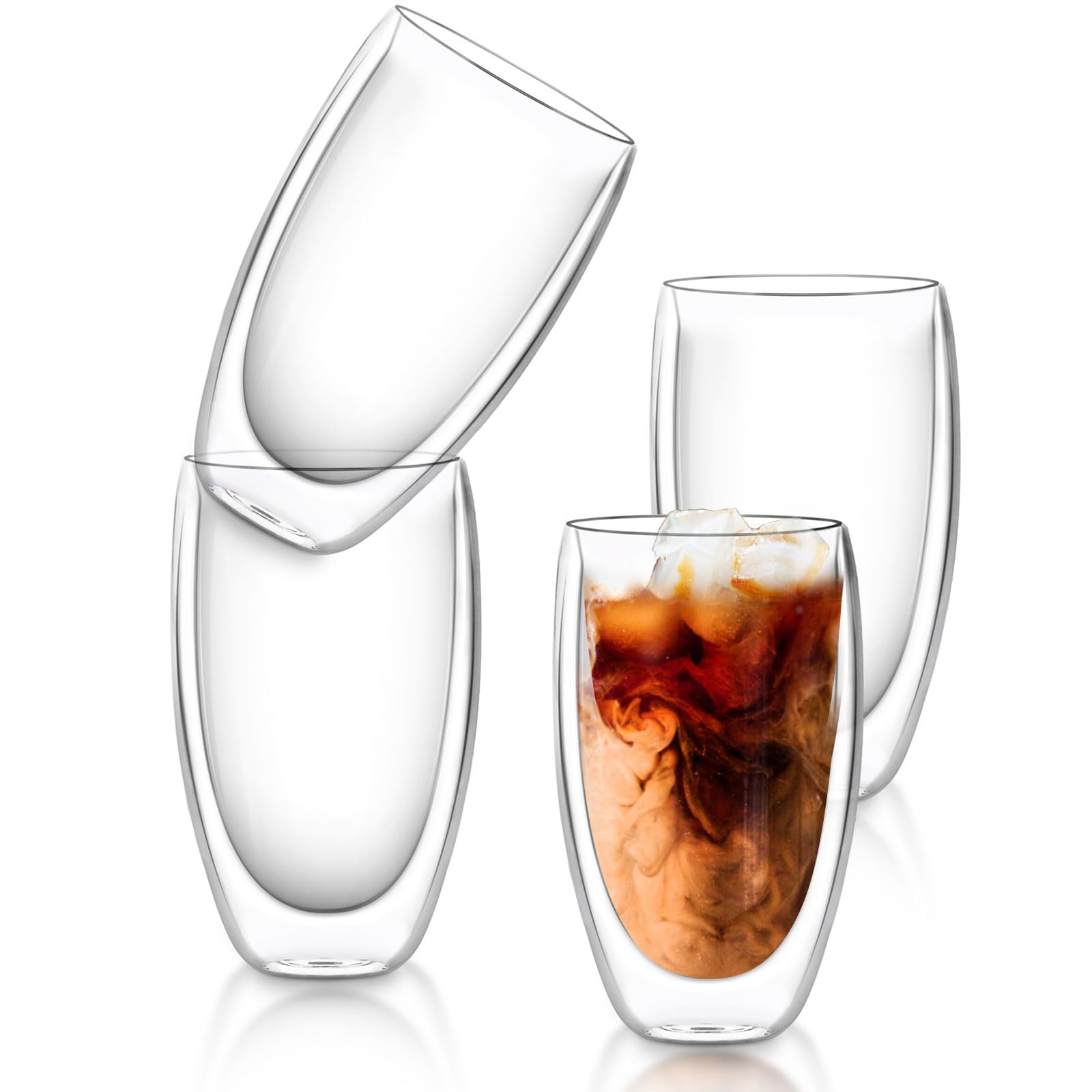 4x450ml Double Walled Glass Mugs, Heat Resistant Coffee Cup, Reusable Latte Glasses Cappuccino Cups Tea Cup, Clear Borosilicate Mugs Sets for Hot Chocolate, Espresso Cups, Dishwasher Safe